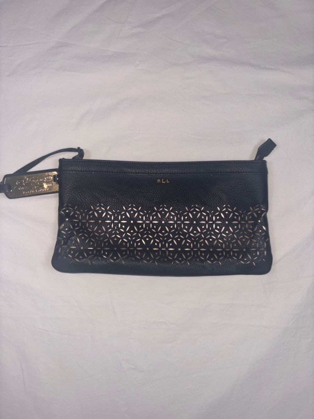 Ralph Lauren Black Laser-Cut Leather Wristlet with Gold Underlay